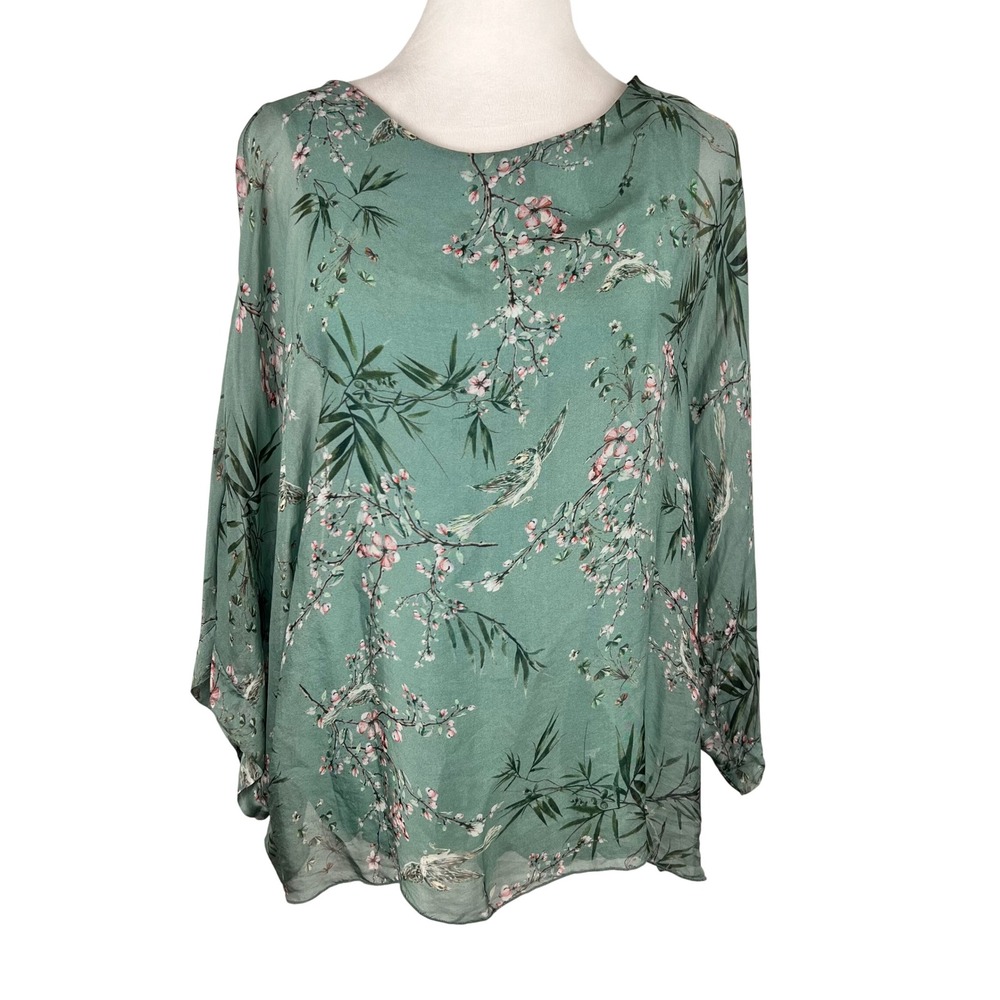 Moda Seta Italy Silk Fairy Flowy Botanical Romantic Top Medium Green Flowy Boho